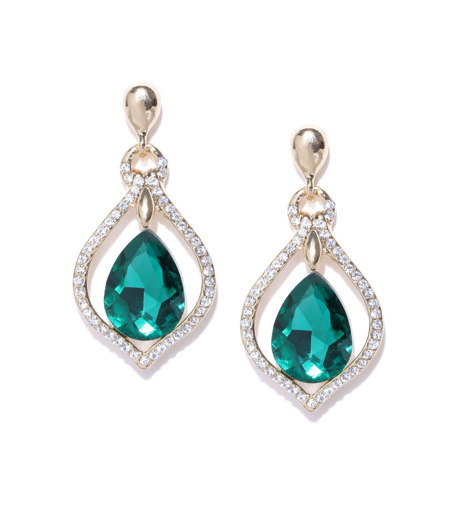 YouBella Off-White  Green Gold-Plated Teardrop Shaped Drop Earrings